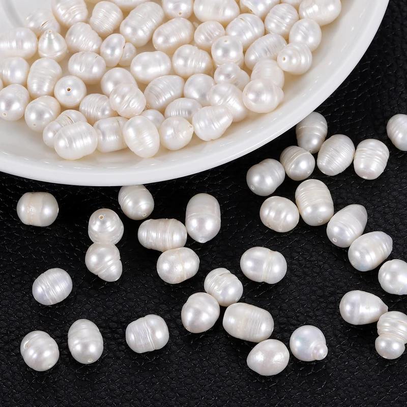 100 Pcs 9-10mm 0.8mm Hole Oval Shape Freshwater Pearl Beads,White