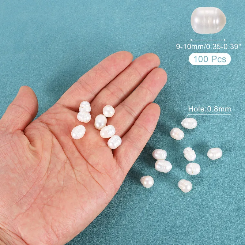 100 Pcs 9-10mm 0.8mm Hole Oval Shape Freshwater Pearl Beads,White
