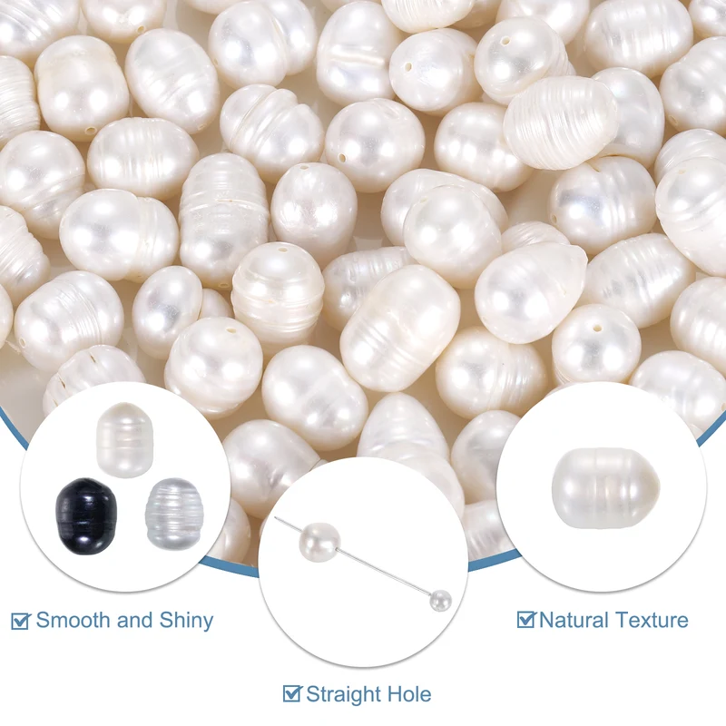 100 Pcs 9-10mm 0.8mm Hole Oval Shape Freshwater Pearl Beads,White