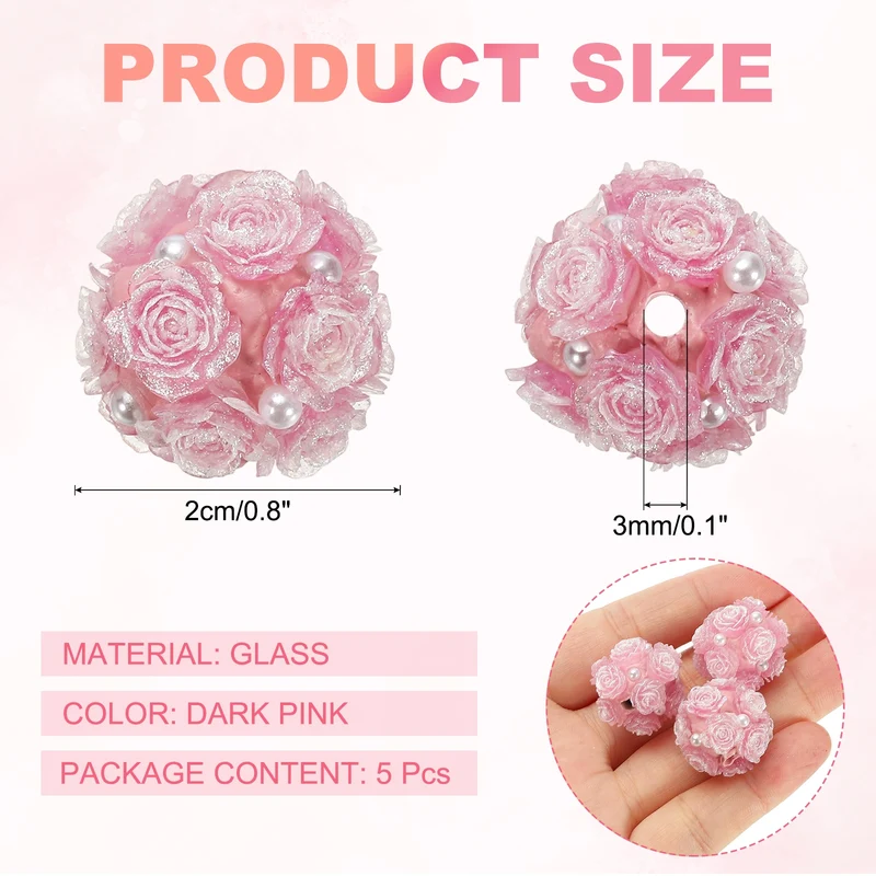5 Pcs Rhinestone Focal Beads for Pens, 0.8" Glass Flower Beads, Dark Pink