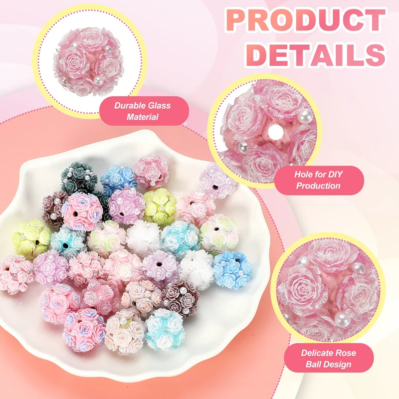 5 Pcs Rhinestone Focal Beads for Pens, 0.8" Glass Flower Beads, Dark Pink