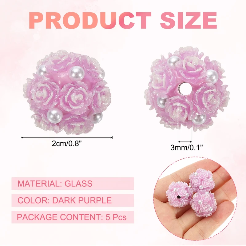 5 Pcs Rhinestone Focal Beads for Pens, 0.8" Glass Flower Beads, Dark Purple
