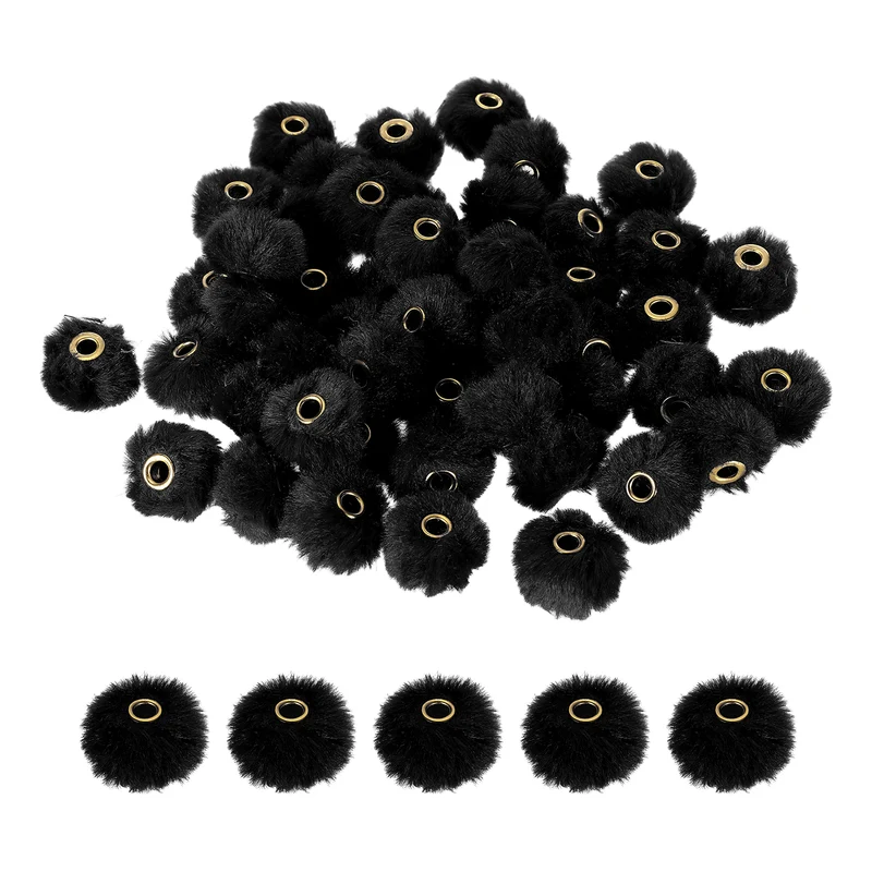 50Pcs Pom Pom Beads, Faux Fur Fuzzy Spacers Bead with 4mm Hole, Black