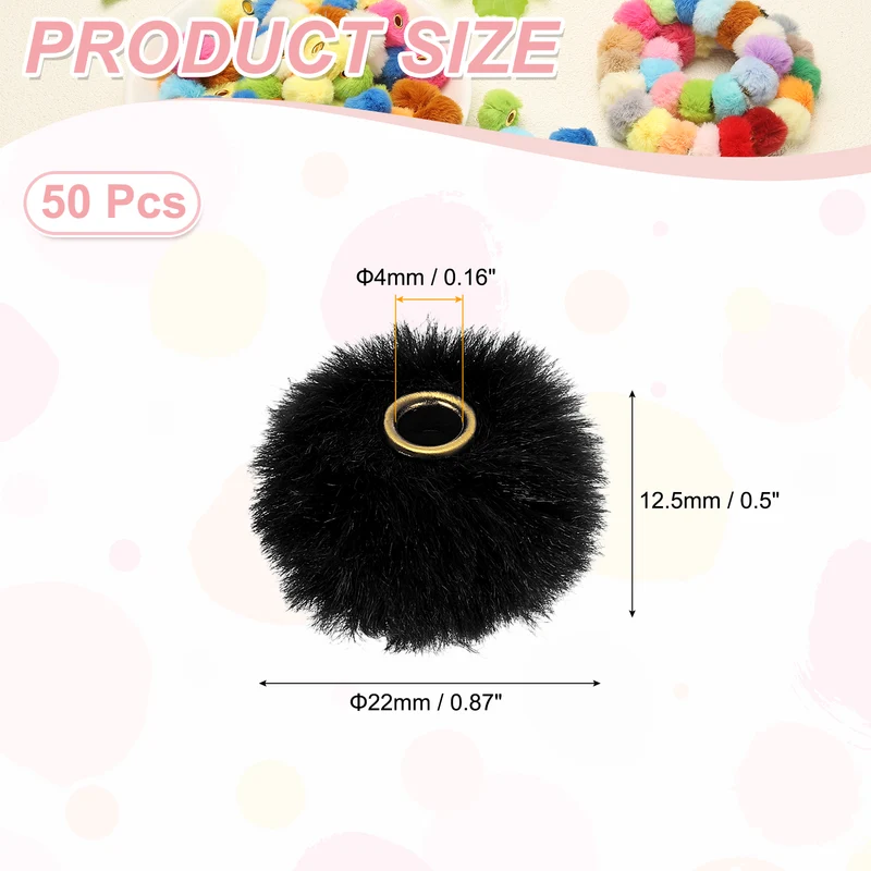 50Pcs Pom Pom Beads, Faux Fur Fuzzy Spacers Bead with 4mm Hole, Black