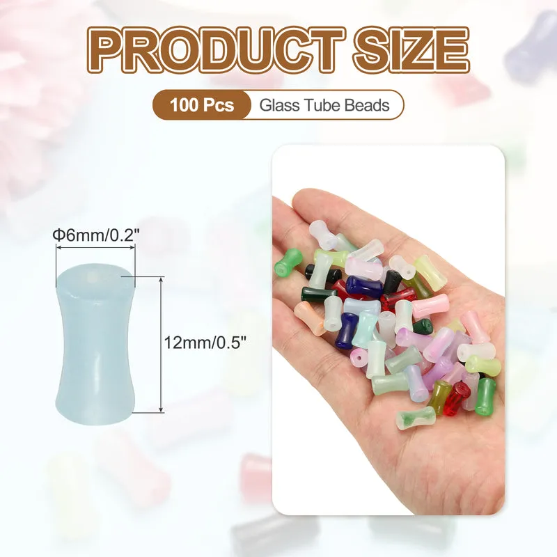 100 Pcs Glass Tube Beads, 6x12mm Bamboo Stick Tube Beads, Light Blue