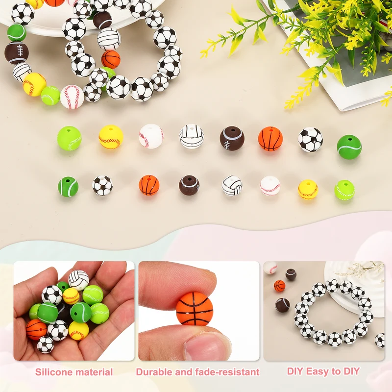 15Pcs Silicone Sports Beads 12mm Ball Shaped Beads Basketball)