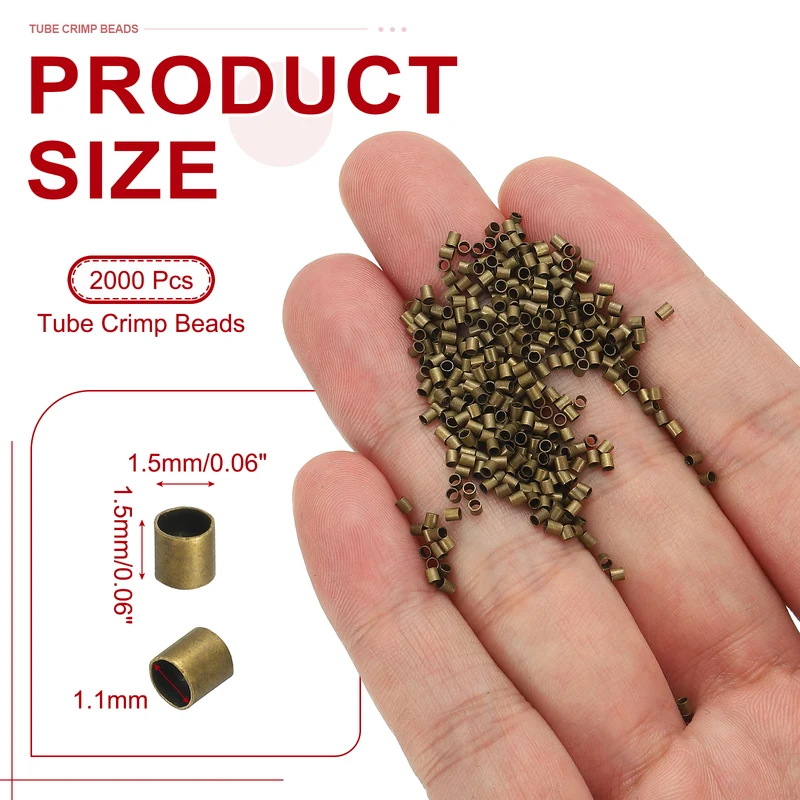 2000 Pcs Tube Crimp Beads, 1.5x1.5mm Crimp Beads for Jewelry Making, Bronze