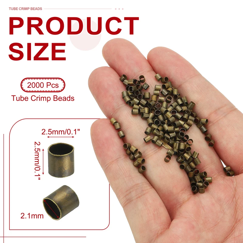 2000 Pcs Tube Crimp Beads, 2.5x2.5mm Crimp Beads for Jewelry Making, Bronze
