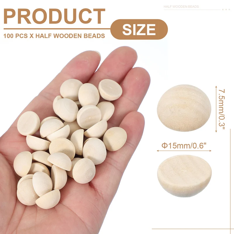 100Pcs Half Wooden Beads 0.6 Inch(15mm) Unfinished Wood Balls Wood Color