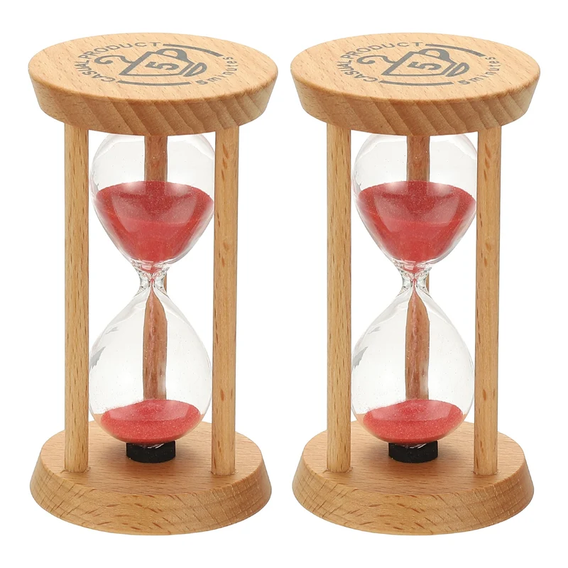 2Pcs 5 Minutes Sand Timer, Wooden Sand Watch for Home, Red
