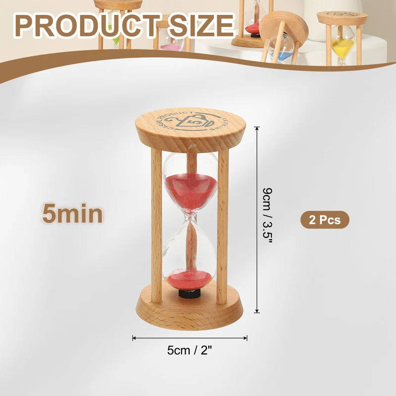 2Pcs 5 Minutes Sand Timer, Wooden Sand Watch for Home, Red