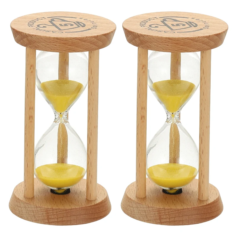 2Pcs 5 Minutes Sand Timer, Wooden Sand Watch for Home, Yellow