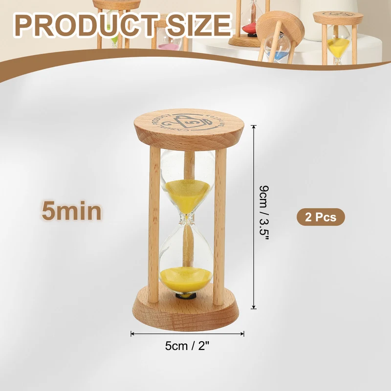 2Pcs 5 Minutes Sand Timer, Wooden Sand Watch for Home, Yellow