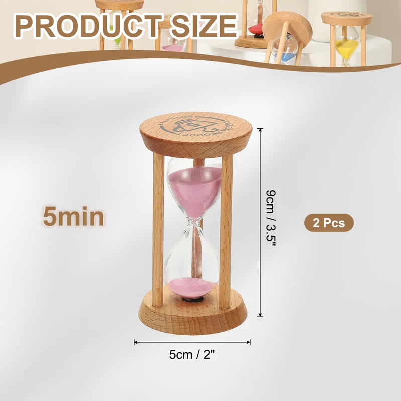 2Pcs 5 Minutes Sand Timer, Wooden Sand Watch for Home, Pink