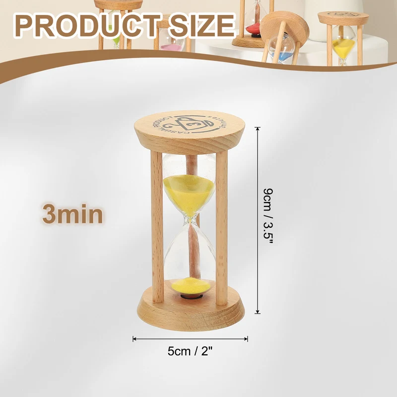 1Pcs 3 Minutes Sand Timer, Wooden Sand Watch for Home, Yellow