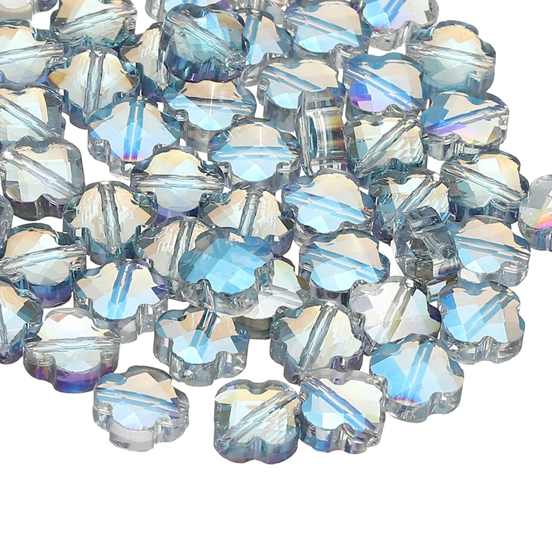 Glass Beads, 100 Pcs 8mm Shamrock Charm Transparent Crystal Glass Beads Clear Jewelry Making Supplies for Bracelets DIY Crafts, Light Blue