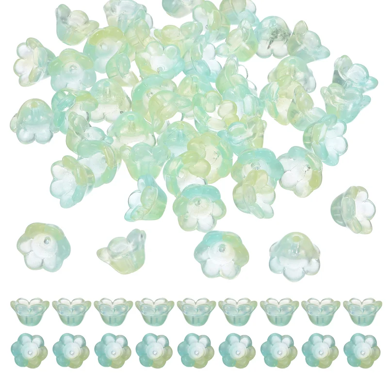 100 Pcs Glass Flower Beads for Jewelry Making, Loose Bead Charm, Yellow Green
