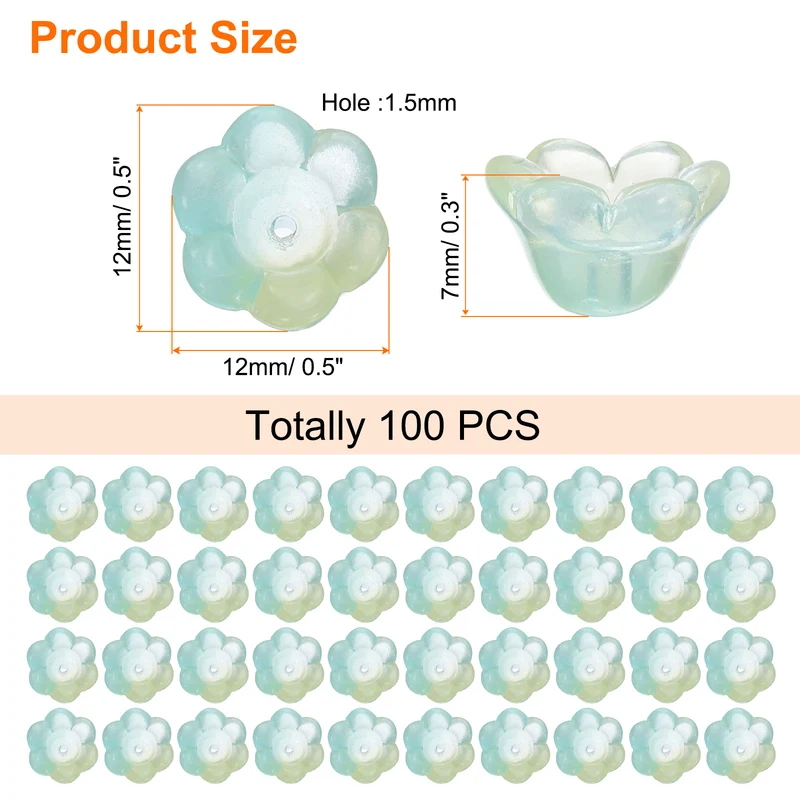 100 Pcs Glass Flower Beads for Jewelry Making, Loose Bead Charm, Yellow Green