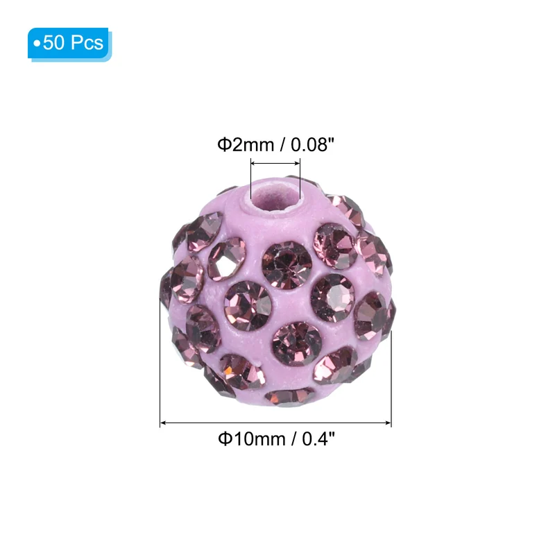 50Pcs 10mm Rhinestone Clay Beads Crystal Disco Bead for DIY Light Purple