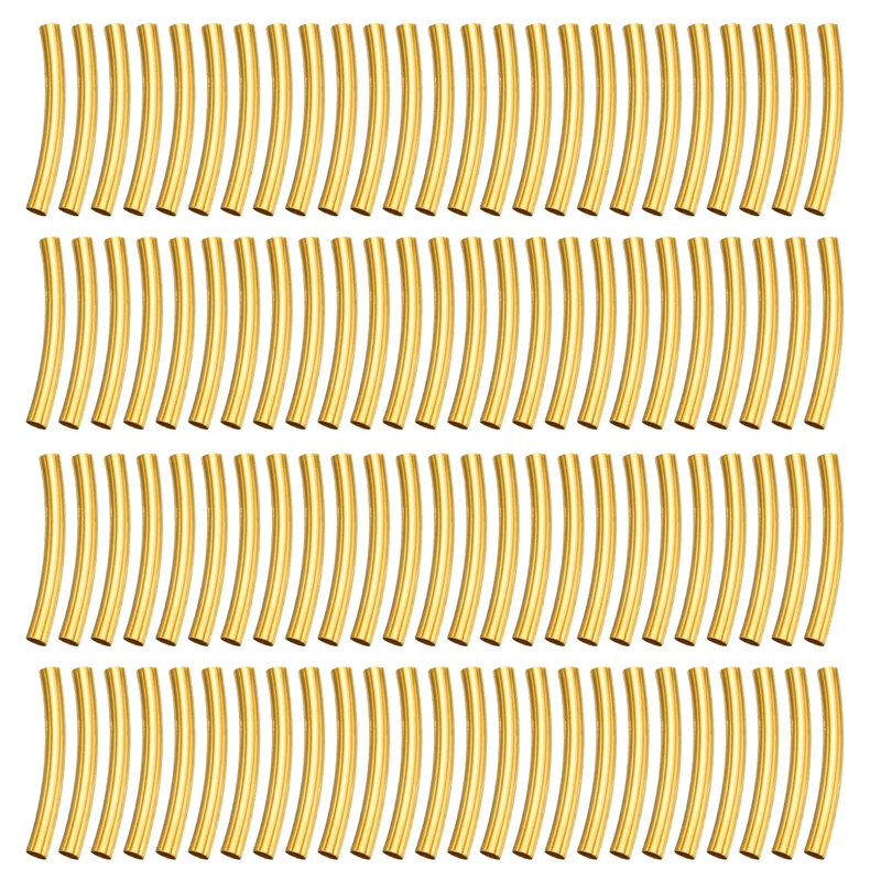 100 Pcs Tube Beads, 3x25mm Curved Noodle Beads for Jewelry Making, Gold