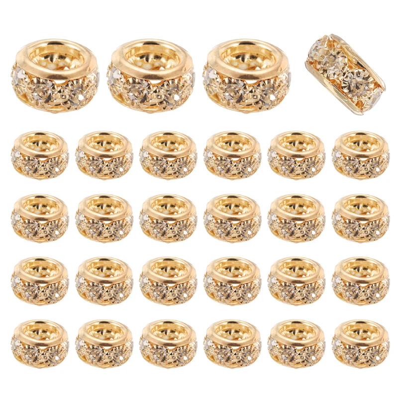 40Pack 10mm Large Hole Rhinestone Beads European Bulk Spacer Bead Gold