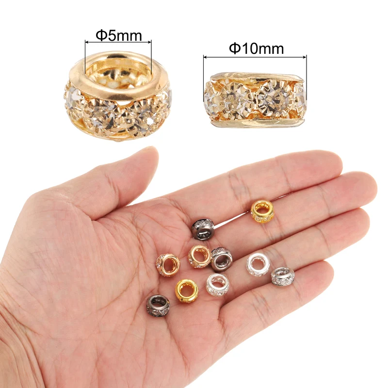 40Pack 10mm Large Hole Rhinestone Beads European Bulk Spacer Bead Gold