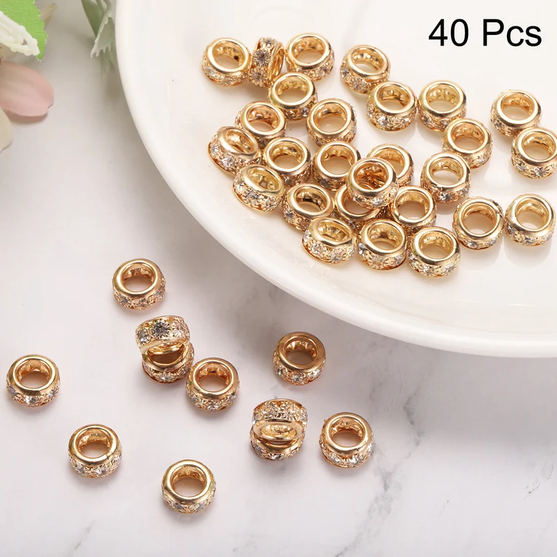 40Pack 10mm Large Hole Rhinestone Beads European Bulk Spacer Bead Gold