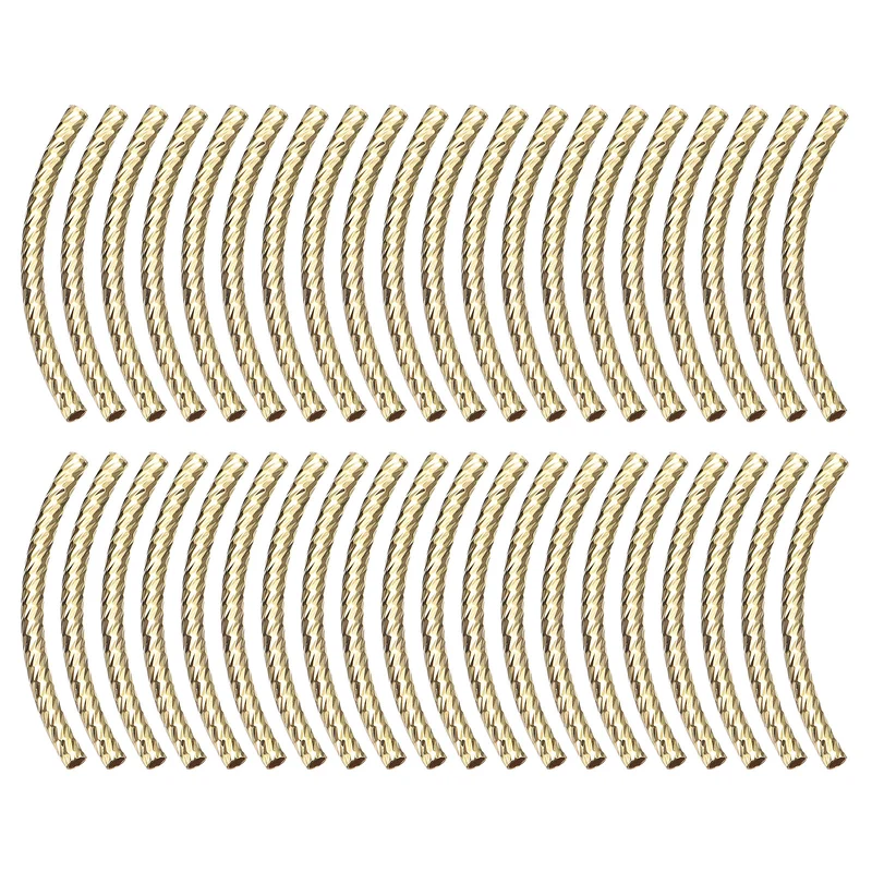 40Pcs Brass Curved Tube Beads 3x40mm Plating Noodles Spacer Bead Gold Tone