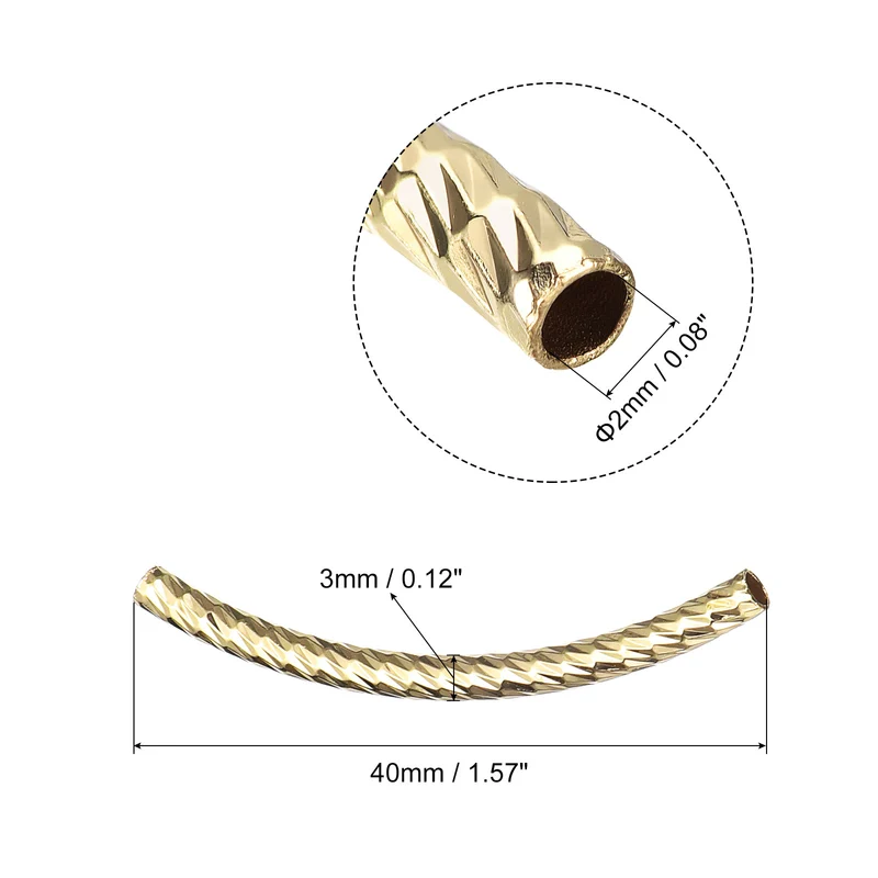 40Pcs Brass Curved Tube Beads 3x40mm Plating Noodles Spacer Bead Gold Tone