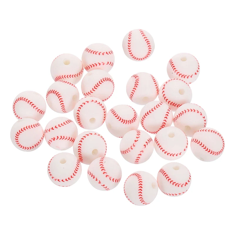 24Pcs Sports Ball Beads 12mm Silicone Round Spacer Focal Bead White Baseball