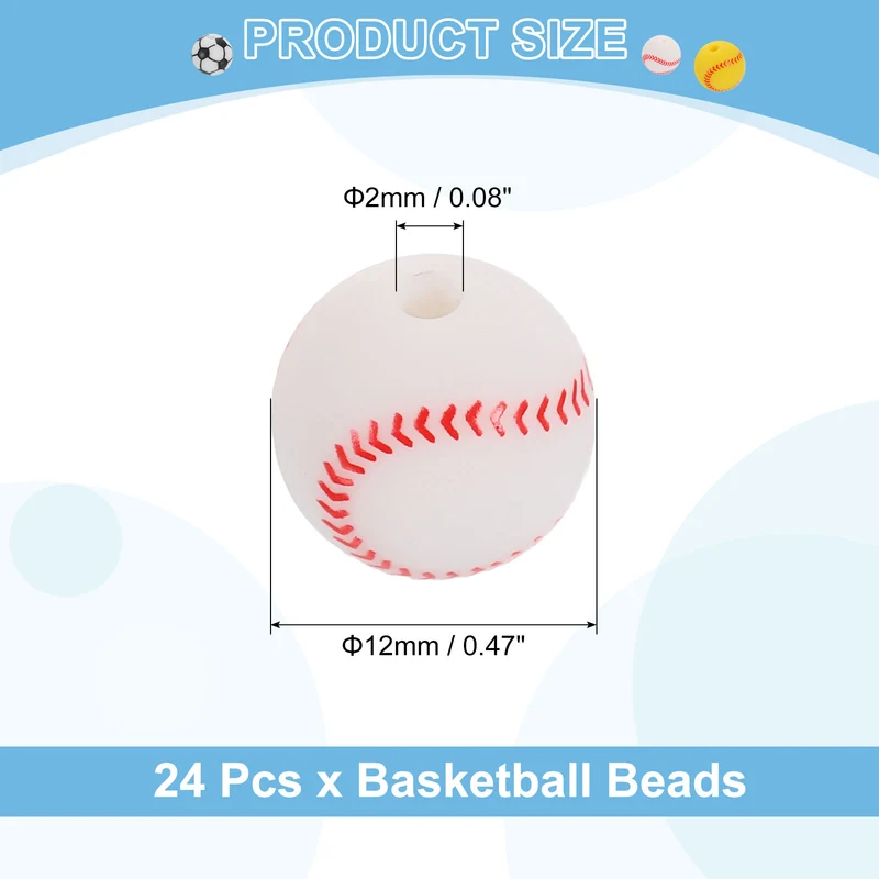 24Pcs Sports Ball Beads 12mm Silicone Round Spacer Focal Bead White Baseball