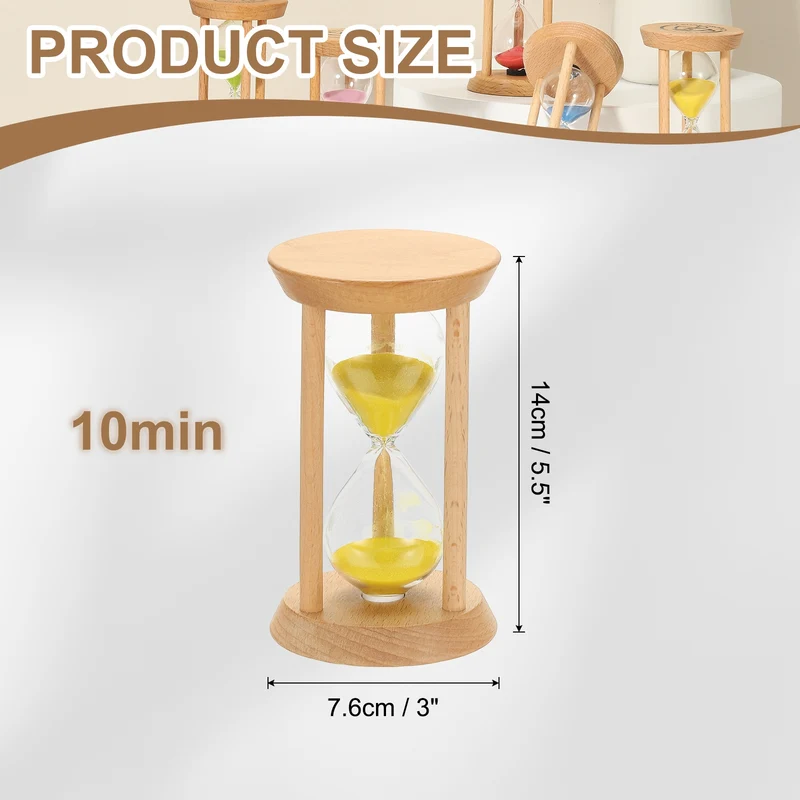 1Pcs 10 Minutes Sand Timer, Wooden Sand Watch for Home, Yellow