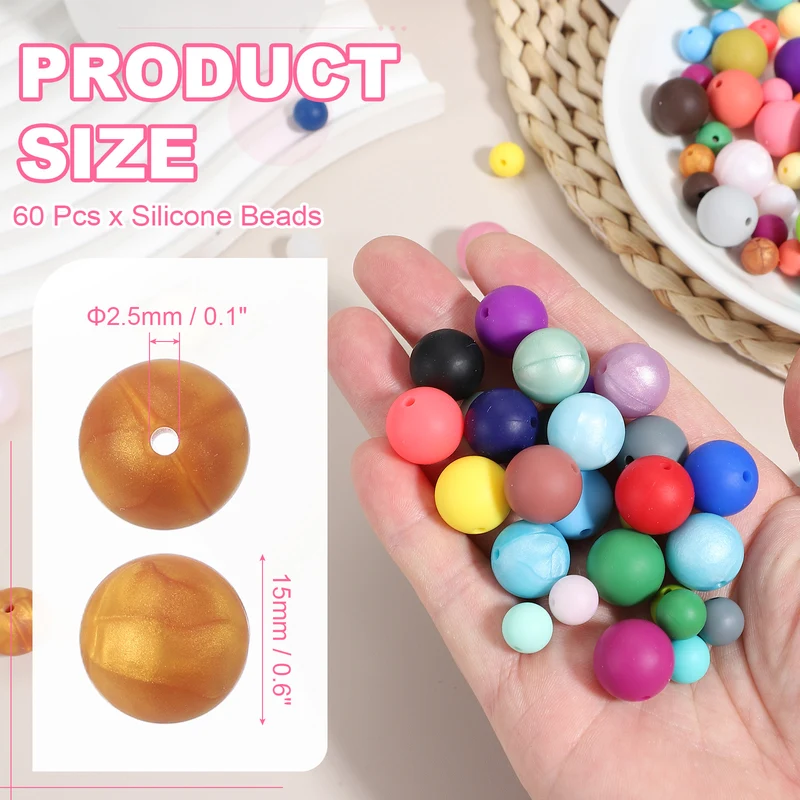 60 Pcs Silicone Beads, 15mm Bulk Beads for Keychain Making, Gold