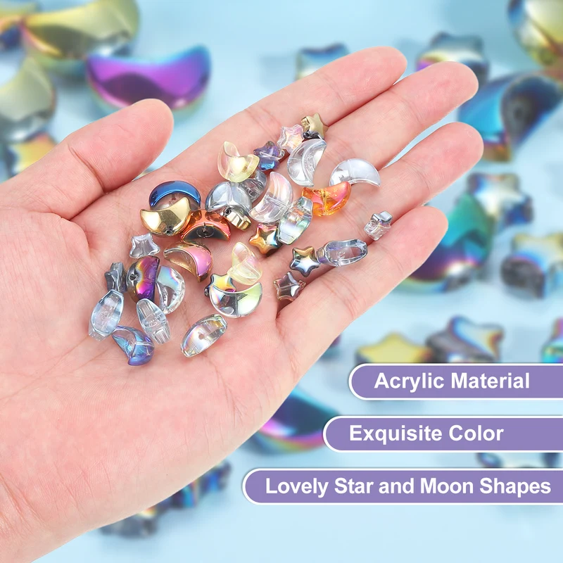 60Pcs Star Moon Shaped Beads, 2 Style Acrylic Spacer Beads Multicolor