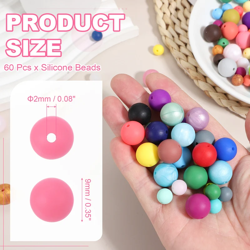 60 Pcs Silicone Beads, 9mm Bulk Beads for Keychain Making, Matte Pink