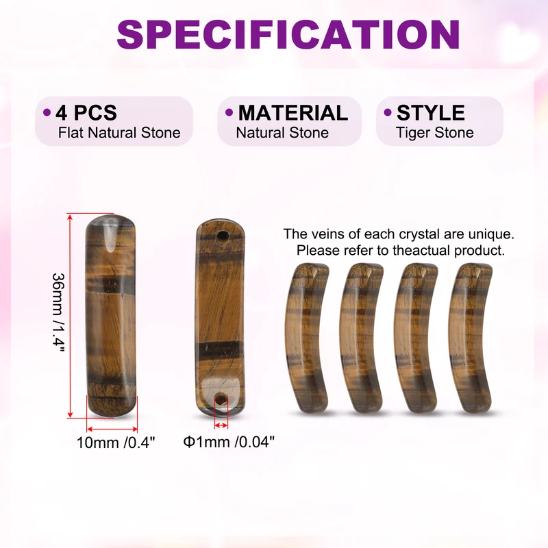 4 Pcs Natural Stone, 36 x 10 mm Natural Curved Clear Quartz Stone Crystal Handmade Jade Flat Beads for DIY Crafting, Tiger Stone
