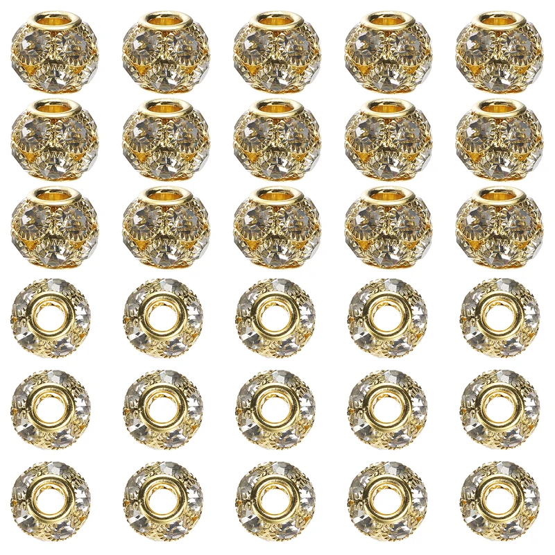 30Pcs Rhinestone Large Hole Beads, 14mm Crystal Charm Spacer Beads, Gold