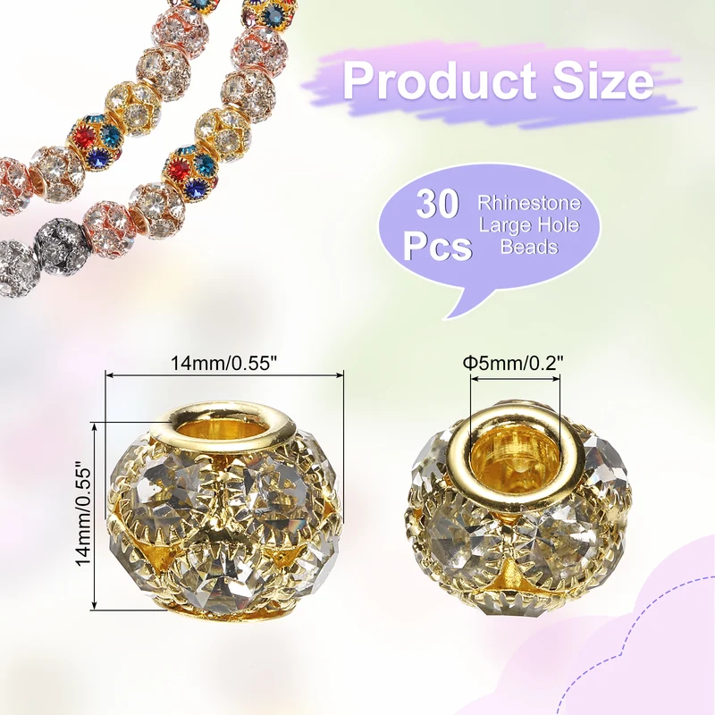 30Pcs Rhinestone Large Hole Beads, 14mm Crystal Charm Spacer Beads, Gold