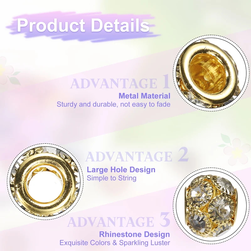 30Pcs Rhinestone Large Hole Beads, 14mm Crystal Charm Spacer Beads, Gold