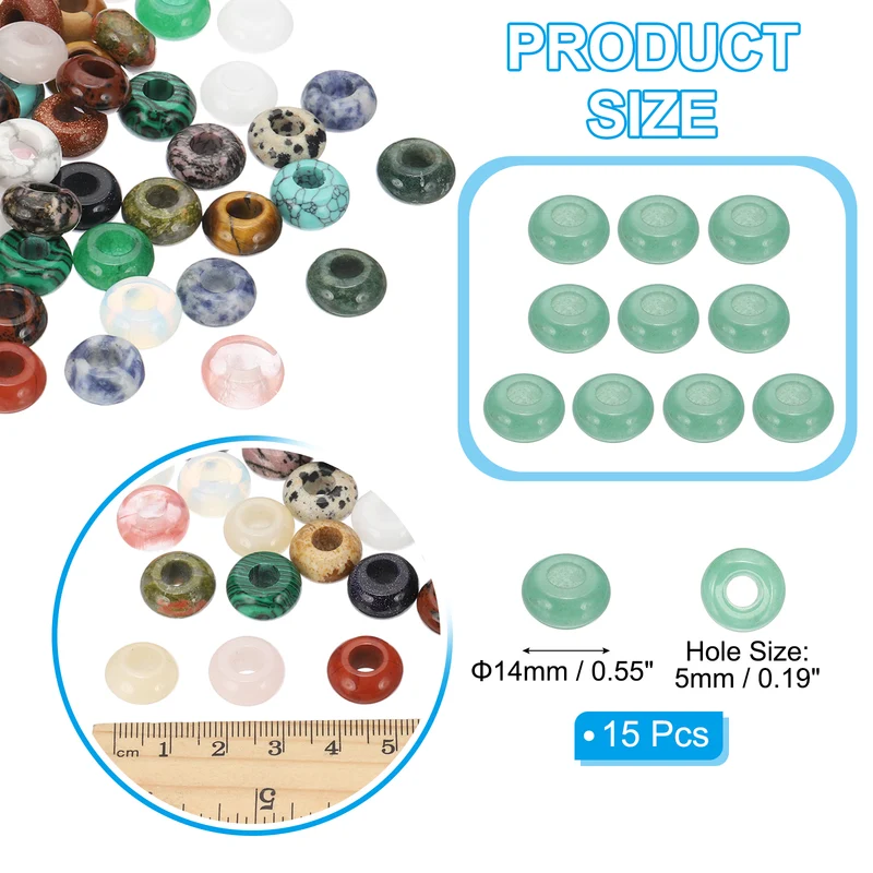 15 Pcs Natural Gemstone Beads, Large Hole Rondelle Beads Loose European Crystal Beads Pack for Jewelry Bracelet DIY Craft, 14 x 8 MM, Fade Green