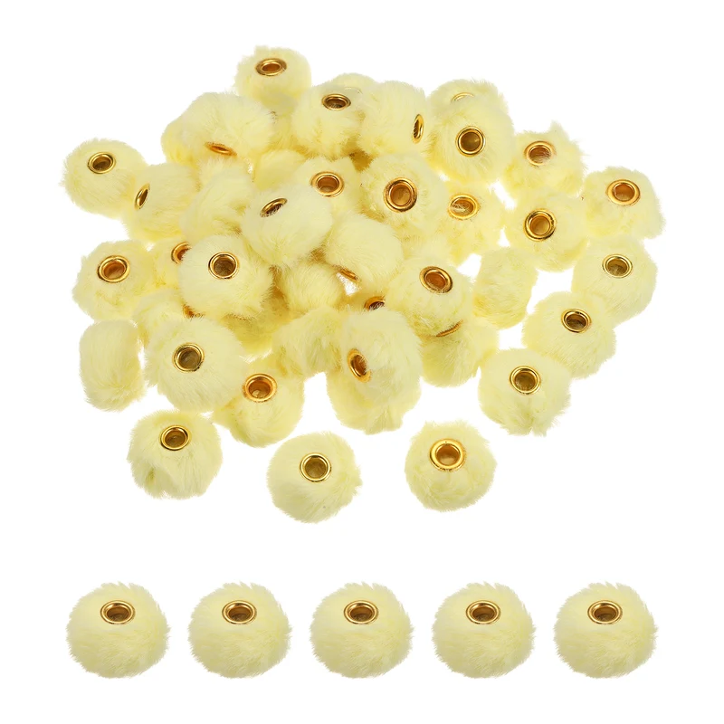 50Pcs Pom Pom Beads, Faux Fur Fuzzy Spacers Bead with 4mm Hole, Light Yellow