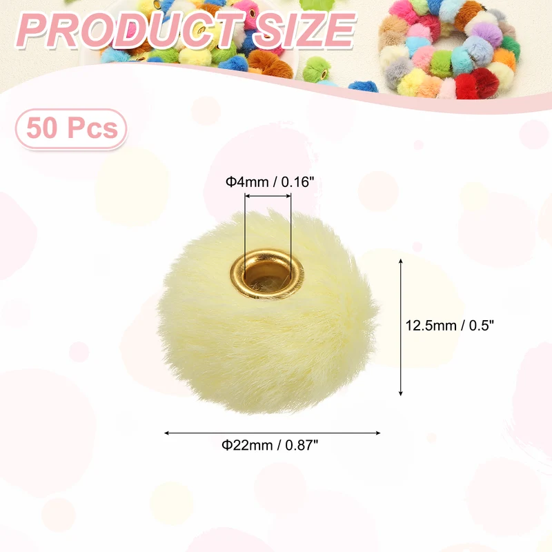 50Pcs Pom Pom Beads, Faux Fur Fuzzy Spacers Bead with 4mm Hole, Light Yellow