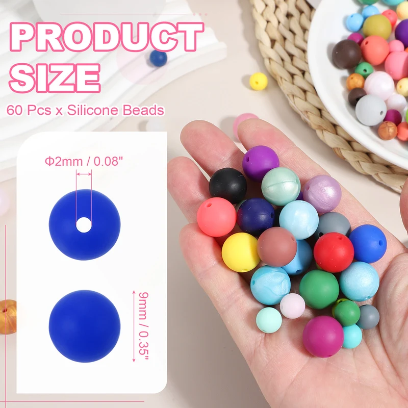 60 Pcs Silicone Beads, 9mm Bulk Beads for Keychain Making, Dark Blue