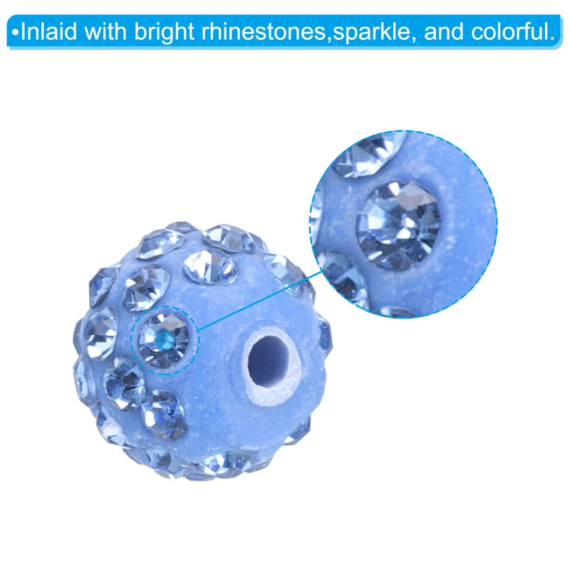 25Pcs 10mm Rhinestone Clay Beads Crystal Disco Bead for DIY Light Blue