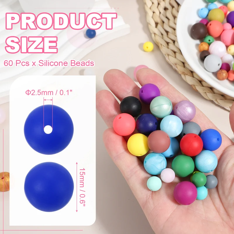 60 Pcs Silicone Beads, 15mm Bulk Beads for Keychain Making, Dark Blue