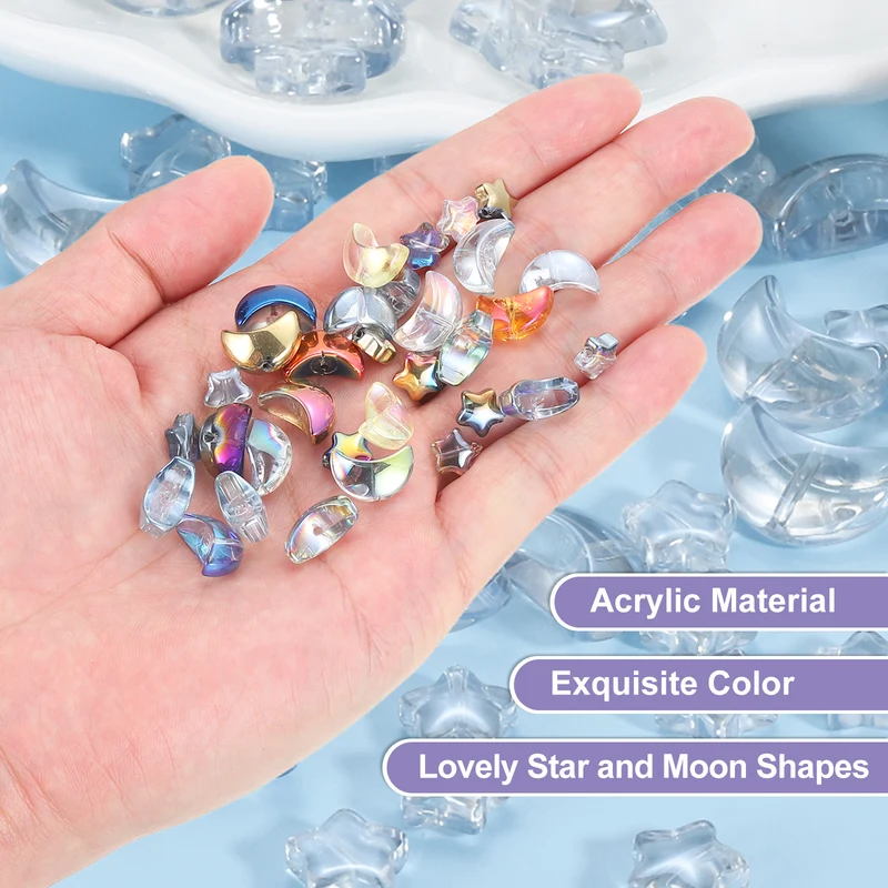 60Pcs Star Moon Shaped Beads, 2 Style Acrylic Spacer Beads Light Blue Grey