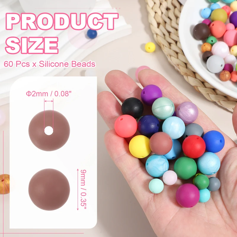 60 Pcs Silicone Beads, 9mm Bulk Beads for Keychain Making, Light Brown