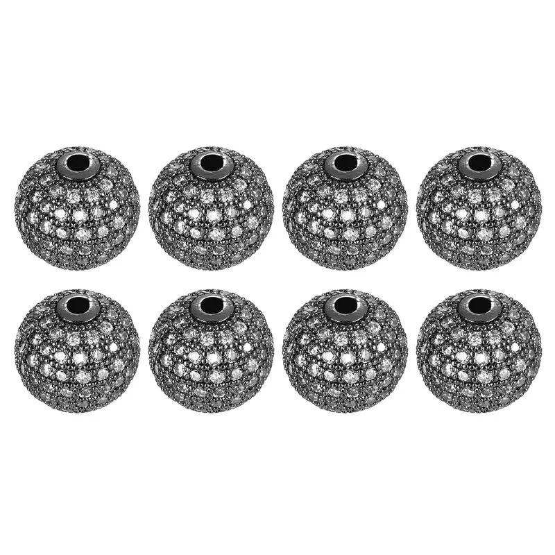 Charm Rhinestone Beads, 8Pcs 12mm Round Zircon Pave Bead(White - Metallic Black)