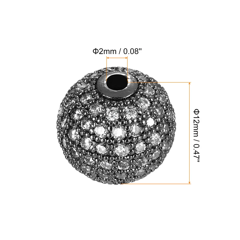 Charm Rhinestone Beads, 8Pcs 12mm Round Zircon Pave Bead(White - Metallic Black)