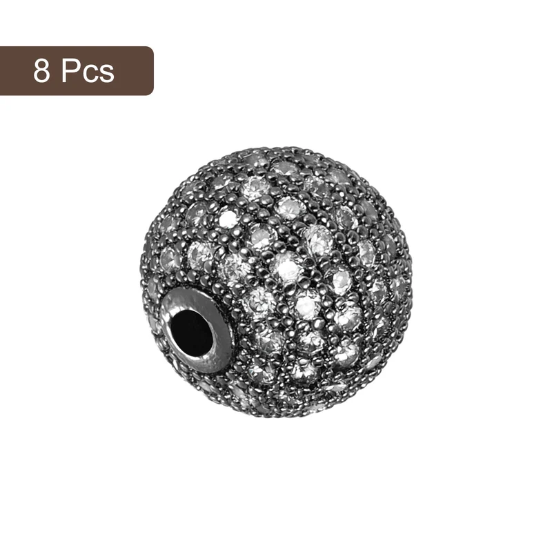 Charm Rhinestone Beads, 8Pcs 12mm Round Zircon Pave Bead(White - Metallic Black)